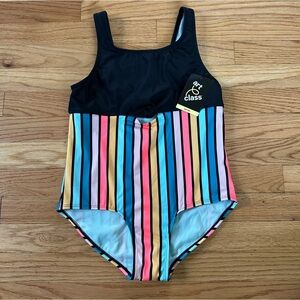 NWT Art Class One Piece Swimsuit - Black Multicolor Stripes Sz L 10/12 Plus